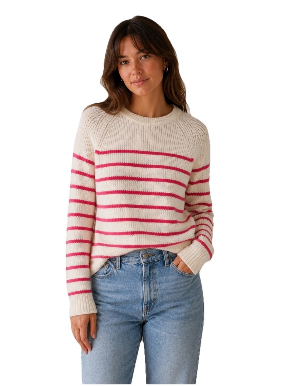 Evereve Women’s XS-M Cashmere Cream Sweater Pink Stripes Crew Neck Cozy